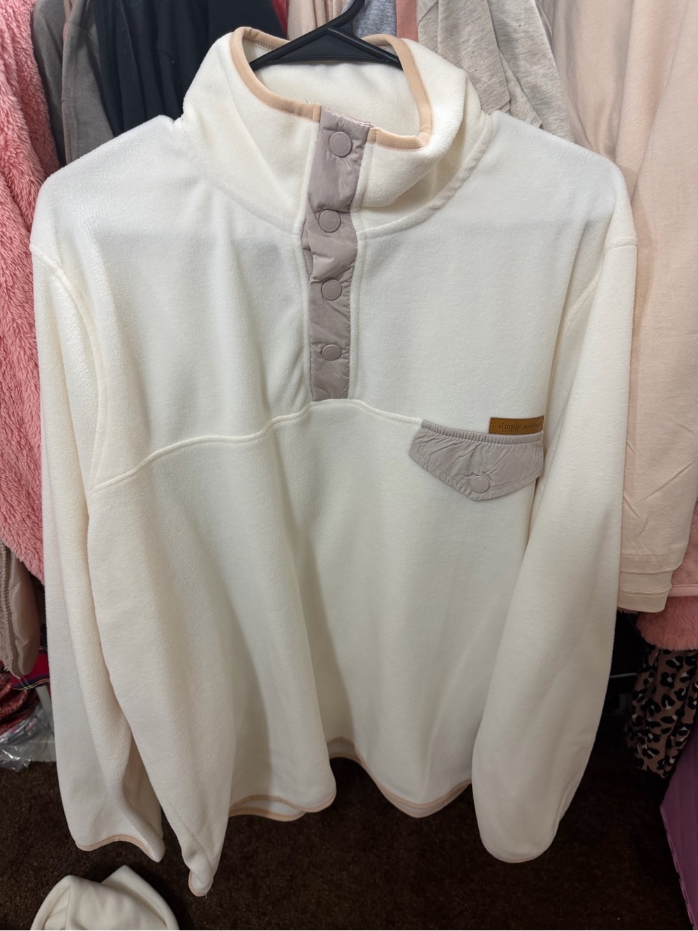 Simply Southern Cream Fleece Zip Pullover with Tan Trim
